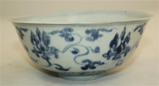 A Chinese Longquan celadon dish and a Ming dynasty lotus bowl, 15th / 16th century, diam. 15cm